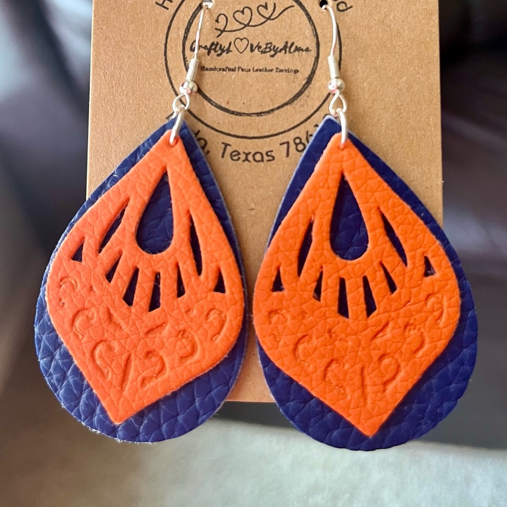 Royal-Blue Teardrop with Orange Geometrical Engraved Style Faux Leather Earrings